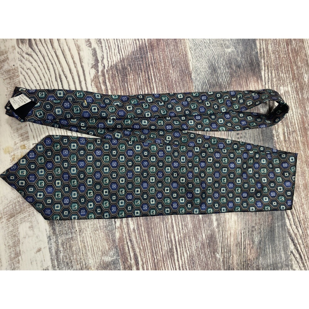 Oscar de la Renta Mens Silk Tie Blue Teal Geometric Honeycomb Made in USA